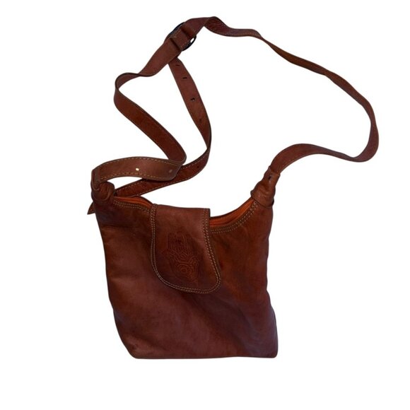 Hamsa Hand tooled dyes leather Moroccan cross body purse bag - Picture 3 of 8